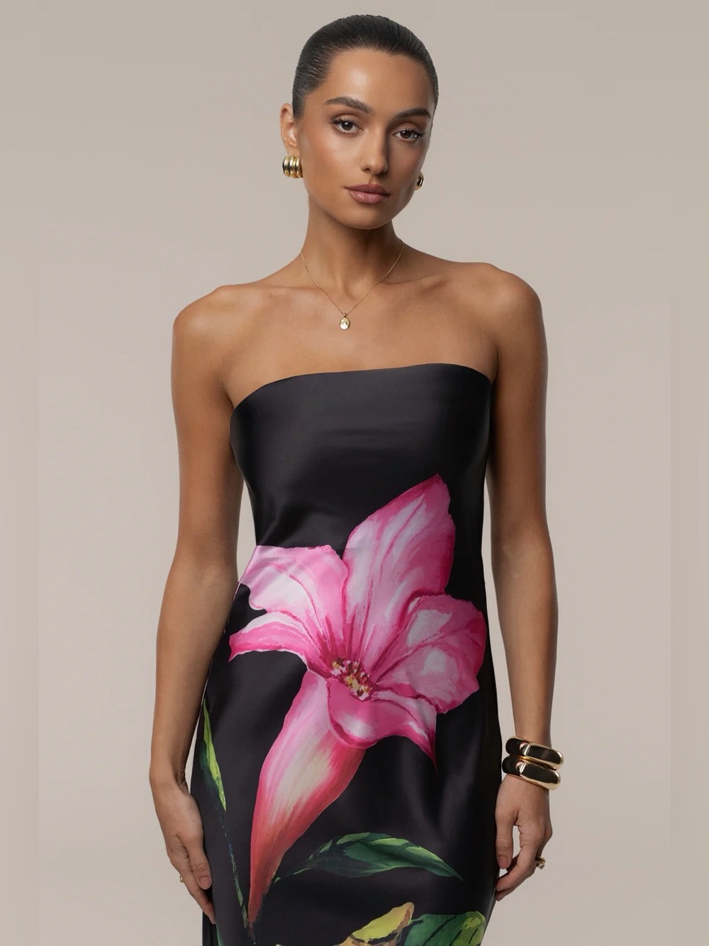 JLUXLABEL Black Strapless Maxi Dress with Pink Floral Print - Picture 4 of 5